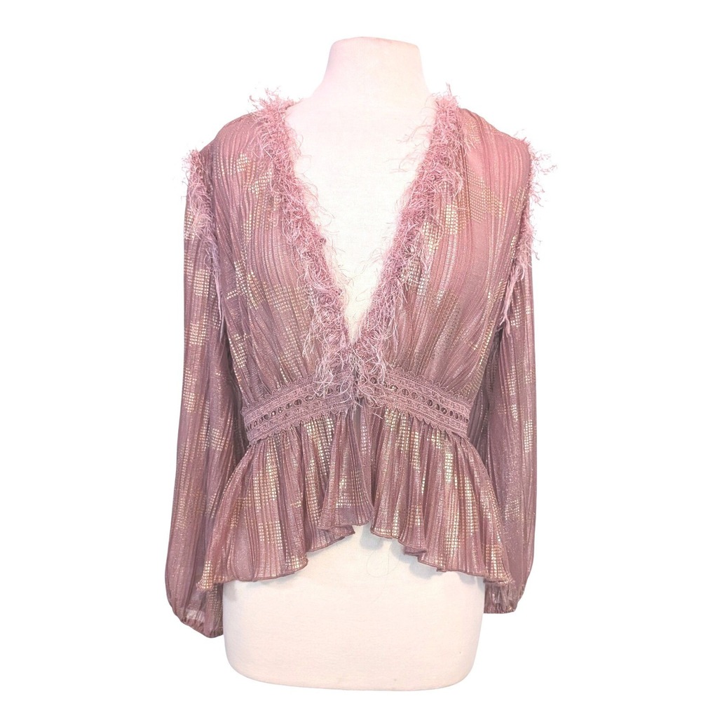 Moon River Dusty Rose Metallic Peplum Blouse L Eyelash Feather Trim Boho Glam - Picture 2 of 10